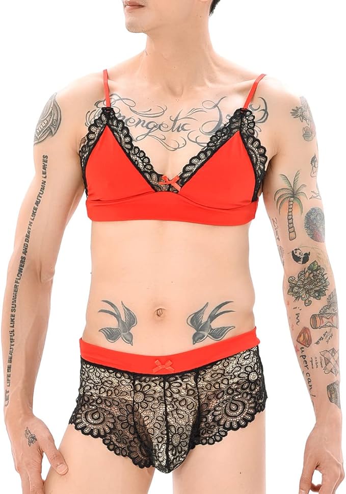 Image of Cross-border European and American Men Sexy Gay Sexy Bow Lace Bra Panties Temptation Boxers Pseudo-Girl Pajamas - red